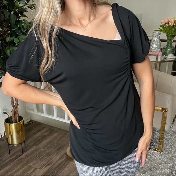 BCGBMax Azria Vintage Asymmetric Neck Short Sleeves Black Viscose Top Shirt L - Picture 1 of 13